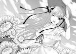  1girl ;d arm_up blunt_bangs breasts butterfly_hair_ornament cleavage cloud commentary_request dress dutch_angle flower go-toubun_no_hanayome greyscale hair_ornament hair_ribbon hat highres kosmos_beta large_breasts long_hair monochrome nakano_nino one_eye_closed outdoors ribbon sidelocks sleeveless sleeveless_dress smile solo sun_hat sunflower 