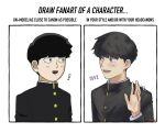  ! 1boy black_eyes black_hair blunt_bangs blush bowl_cut draw_fanart_challenge english_text formal gakuran hannnn highres kageyama_shigeo long_sleeves looking_at_another male_focus mob_psycho_100 official_style open_mouth school_uniform short_hair simple_background smile 