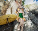  3d_(artwork) amber_(armello) armello blackdragontemeraire breasts clothing digital_media_(artwork) exposed_breasts female lagomorph leporid mammal neck_tuft open_mouth plant rabbit rock sky solo tree tuft umbrella 