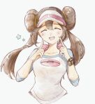  1girl asuka_rkgk blush brown_hair closed_eyes collarbone double_bun hair_bun open_mouth pokemon pokemon_(game) pokemon_bw2 raglan_sleeves rosa_(pokemon) simple_background smile solo star_(symbol) upper_body visor_cap white_background xtransceiver 