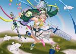  1girl arknights arrow_(projectile) arrow_(symbol) blue_background blue_ribbon blue_socks fartooth_(arknights) fartooth_(hear_the_wind_sing)_(arknights) flying green_footwear green_tank_top grey_hair highres jacket jacket_partially_removed mon0ch orb paper_airplane plant pleated_skirt potted_plant rainbow ribbon shoes skirt socks solo split_depth tank_top white_footwear white_skirt 