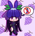  1girl black_footwear black_gloves black_hair blush chibi china_dress chinese_clothes dress eggplant elbow_gloves fl_hikaru flower flower_on_head food fruit gloves grapes pout purple_background purple_dress purple_eyes purple_flower solo_focus speech_bubble 