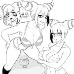  1girl bikini blush breasts doph greyscale han_juri hand_on_own_chest hand_on_own_hip highres kneeling looking_at_viewer monochrome multiple_views naughty_face ponytail short_hair slit_pupils street_fighter surprised swimsuit tongue tongue_out 