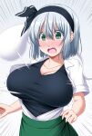  ! 1girl :o black_hairband black_undershirt blush breasts bursting_breasts commentary_request gradient_background green_eyes green_skirt grey_background hair_between_eyes hairband highres konpaku_youmu konpaku_youmu_(ghost) large_breasts nori_tamago nose_blush open_clothes open_mouth open_shirt popped_button shirt short_hair short_sleeves simple_background skirt solo sweatdrop taut_clothes touhou white_hair white_shirt 