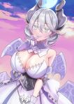  1girl breasts cleavage demon_girl demon_horns demon_wings dress duel_monster finger_to_mouth gloves grey_eyes highres horns large_breasts looking_at_viewer lovely_labrynth_of_the_silver_castle low_wings multiple_wings pinyata_(pinyaland) pointy_ears smile solo twintails white_hair wings yu-gi-oh! 