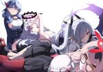  4girls ako_(blue_archive) bare_shoulders blue_archive blue_eyes blush breasts brown_hair chinatsu_(blue_archive) cleavage closed_mouth dark_skin ddangbi demon_horns glasses gloves grey_hair hair_ornament hair_over_one_eye hairband halo highres hina_(blue_archive) horns iori_(blue_archive) large_breasts long_hair long_sleeves looking_at_viewer multiple_girls parted_bangs pointy_ears purple_eyes red_eyes shirt sitting skirt smile tail thighs twintails white_hair white_shirt 