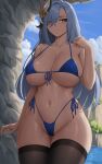  1girl alternate_costume ass_visible_through_thighs bikini black_thighhighs blue_bikini blush breasts cameltoe cleavage closed_mouth collarbone commentary cowboy_shot english_commentary genshin_impact green_eyes grey_hair hair_ornament hand_up highres large_breasts long_hair looking_at_viewer navel outdoors shenhe_(genshin_impact) side-tie_bikini_bottom skindentation smile solo swimsuit thigh_gap thighhighs thighs underboob zaphn 