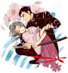  1boy 1girl ace_attorney black_eyes black_footwear black_hair black_jacket black_pants buttons closed_eyes closed_mouth commentary_request crying falling_petals flower frown hakama hakama_skirt holding_hands jacket japanese_clothes kimono neko_shiro_(tomaopai) pants parted_lips petals pink_flower pink_kimono red_ribbon ribbon ryunosuke_naruhodo sheath shoes short_hair skirt susato_mikotoba sword tears the_great_ace_attorney torn_clothes torn_hakama weapon 