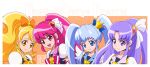  4girls :d aino_megumi artist_logo blonde_hair blue_eyes blue_hair bow clover_earrings commentary_request copyright_name cure_fortune cure_honey cure_lovely cure_princess earrings eyelashes hair_bow hair_ornament happinesscharge_precure! happy heart heart_earrings high_ponytail hikawa_iona jewelry kamikita_futago light_blue_hair long_hair looking_at_viewer magical_girl multiple_girls oomori_yuuko open_mouth orange_bow pink_eyes pink_hair ponytail precure puffy_short_sleeves puffy_sleeves purple_eyes purple_hair shirayuki_hime short_sleeves smile star_(symbol) star_earrings twintails vest yellow_eyes 