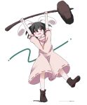  1girl :d \o/ animal_ears ar_(maeus) arms_up black_hair boots carrot_necklace dress fang floppy_ears hair_between_eyes holding holding_mallet inaba_tewi jewelry kine looking_at_viewer mallet necklace open_mouth outstretched_arms pink_dress pink_eyes rabbit_ears short_hair short_sleeves simple_background smile solo standing standing_on_one_leg touhou white_background 