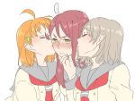  ... ahoge blush breasts brown_hair closed_eyes closed_mouth commentary_request double_cheek_kiss girl_sandwich grey_sailor_collar hair_between_eyes hair_ornament hairclip half_updo hand_on_another&#039;s_chin highres kashikaze kiss kissing_cheek long_hair long_sleeves love_live! love_live!_sunshine!! medium_breasts medium_hair neckerchief orange_hair red_hair red_neckerchief sailor_collar sakurauchi_riko sandwiched school_uniform serafuku shirt short_hair sidelocks simple_background single_sidelock spoken_ellipsis sweatdrop takami_chika upper_body uranohoshi_school_uniform watanabe_you white_background white_shirt yellow_eyes yuri 