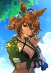  1girl agnes_tachyon_(lunatic_lab)_(umamusume) agnes_tachyon_(umamusume) ahoge animal_ears arm_under_breasts bikini black_bikini black_gloves blurry blurry_background breasts brown_hair cleavage commentary_request cork criss-cross_halter day ear_ornament gaman gloves green_jacket hair_between_eyes halterneck hand_up highres horse_ears jacket looking_at_viewer open_mouth outdoors parted_lips red_eyes short_hair short_ponytail signature single_glove small_breasts solo swimsuit test_tube tied_jacket umamusume upper_body 
