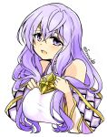  1girl bare_shoulders breasts circlet dress fire_emblem fire_emblem:_genealogy_of_the_holy_war julia_(fire_emblem) long_hair looking_at_viewer open_mouth purple_eyes purple_hair simple_background solo yukia_(firstaid0) 