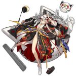  1girl black_kimono blush_stickers checkered_sash closed_eyes closed_mouth floral_print flower fox_mask full_body g11_(girls&#039;_frontline) g11_(lucky_rat&#039;s_lazy_spring)_(girls&#039;_frontline) girls&#039;_frontline grey_hair hair_between_eyes hair_flower hair_ornament hand_on_own_head japanese_clothes kimono lantern layered_clothes layered_kimono long_hair lying mask mask_on_head messy_hair nishiro_ryoujin no_panties official_alternate_costume official_art on_back sandals sandals_removed simple_background single_sandal slit socks solo tabi torn_clothes torn_kimono transparent_background weapon_case white_kimono white_socks 