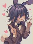  1boy :3 :d absurdres animal_ears black_bow black_bowtie black_hair black_jacket black_nails bow bowtie collared_shirt danganronpa_(series) danganronpa_v3:_killing_harmony dress_shirt fake_animal_ears fake_tail hair_between_eyes heart highres jacket leaning_forward medium_hair nail_polish oma_kokichi pink_eyes rabbit_ears rabbit_tail shirt smile solo striped striped_jacket tail upper_body urami0310 white_shirt 