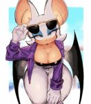  1girl adjusting_eyewear bat_girl bat_wings blue_eyeshadow breasts cleavage eyeshadow eyewear_on_head furry furry_female green_eyes large_breasts leaning_forward looking_at_viewer makeup official_alternate_costume open_clothes rouge_the_bat solo sonic_(series) sunglasses the_murder_of_sonic_the_hedgehog thick_thighs thighs usa37107692 wide_hips wings 