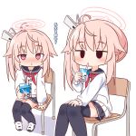  2girls @_@ ahoge black_sailor_collar black_skirt black_thighhighs blue_archive blush buttons cardigan chair drinking drinking_straw drinking_straw_in_mouth dual_persona halo hana_kazari highres long_hair long_sleeves multiple_girls natsu_(blue_archive) neckerchief parted_lips pink_hair pink_halo pleated_skirt red_eyes red_neckerchief revision sailor_collar school_chair shoes side_ponytail simple_background sitting skirt thighhighs translation_request white_background white_cardigan white_footwear 
