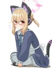  1girl :3 animal_ear_headphones animal_ears bespectacled black_footwear blonde_hair blue_archive blush cat_ear_headphones commentary_request fake_animal_ears glasses halo headphones highres indian_style leafy_(kitsuneya) looking_at_viewer maid momoi_(blue_archive) momoi_(maid)_(blue_archive) official_alternate_costume pink_halo red-framed_eyewear red_eyes simple_background sitting smile solo tail white_background 