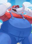  absurd_res anthro belly blush clothing elephant elephant_mario elephantid facial_hair gloves handwear hat headgear headwear hi_res male mammal mario mario_bros mustache nintendo overalls overweight proboscidean proboscis_(anatomy) solo super_mario_bros_wonder trunk_(anatomy) unatazaamarilla 