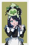  1girl :d absurdres alternate_costume apron black_dress black_hair blush border clothed_pokemon commentary_request dress enmaided eyelashes finger_heart green_background green_eyes hair_ornament hairclip highres kanno_0v0 liko_(pokemon) long_sleeves maid maid_headdress no_pupils on_head open_mouth outside_border pokemon pokemon_(anime) pokemon_(creature) pokemon_horizons pokemon_on_head smile sprigatito sweatdrop swept_bangs twitter_username waist_apron white_apron white_border 