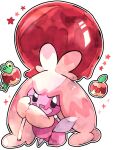  animal_focus apple applin artist_name candy colored_skin eyelashes food fruit hanabusaoekaki highres holding holding_candy holding_food holding_lollipop lollipop no_humans open_mouth oversized_food oversized_object pink_skin pokemon pokemon_(creature) simple_background smile solid_oval_eyes star_(symbol) tinkaton white_background 