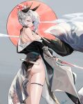  1girl absurdres ass bamuth bare_shoulders blue_eyes bracer breasts choker eyepatch flower grey_hair hair_flower hair_ornament highres holding holding_sword holding_weapon horns japanese_clothes kimono long_hair looking_at_viewer original parted_lips sash sheath short_hair sideboob simple_background skindentation solo sword thigh_strap weapon 