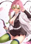  1girl belt blush braid breasts demon_slayer_uniform gradient_hair green_eyes green_hair green_thighhighs haori highres japanese_clothes kanroji_mitsuri kimetsu_no_yaiba large_breasts long_hair long_sleeves looking_at_viewer mole mole_under_eye multicolored_hair multiple_braids no_bra open_mouth partially_unbuttoned pink_hair reijing_etrn ribbed_legwear ribbed_thighhighs skirt smile solo thighhighs thighs tri_braids weapon whip_sword white_belt zettai_ryouiki 