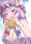  1girl blue_bow bow bra braid breasts burger cloud cloudy_sky commission eating food hair_bow highres maboroshi_mochi patchouli_knowledge purple_bra purple_eyes purple_hair purple_headwear purple_nails red_bow skeb_commission sky solo striped striped_bra sweat touhou twin_braids underwear vertical-striped_bra vertical_stripes 