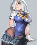 1girl black_pantyhose blue_eyes breasts clothes_lift clothes_pull gloves grey_background grey_hair hair_ornament hair_over_one_eye hairclip hamakaze_(kancolle) hand_on_own_chest highres kantai_collection large_breasts neckerchief one-piece_swimsuit pantyhose pantyhose_under_swimsuit pleated_skirt school_uniform see-through see-through_shirt serafuku shirt_lift short_hair short_sleeves simple_background simplecar skirt skirt_pull smile swimsuit swimsuit_under_clothes white_gloves white_hair yellow_neckerchief 