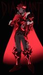  1boy absurdres armor black_background black_gloves cape closed_mouth diamant_(fire_emblem) fire_emblem fire_emblem_engage full_body fur_trim gloves high_collar highres limited_palette looking_to_the_side male_focus red_cape red_eyes red_hair shoulder_armor solo yoi0763 