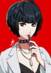  1girl black_choker black_hair black_shirt bob_cut breasts brown_eyes choker cleavage coat fingernails highres holding holding_pen jewelry lab_coat looking_at_viewer necklace open_clothes open_coat pen persona persona_5 polarityplus portrait red_background shirt short_hair simple_background solo studded_choker takemi_tae white_coat 