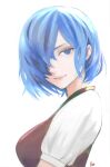  1girl absurdres artist_name blue_eyes blue_hair breasts closed_mouth hair_over_one_eye highres kirishima_touka large_breasts looking_to_the_side moedredd shirt short_hair simple_background smile solo tokyo_ghoul tokyo_ghoul:re white_background white_shirt 