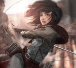  1girl absurdres belt black_gloves black_hair blood blood_spray blurry blurry_background brown_eyes capelet commentary day gloves grey_pants grey_shirt highres holding holding_weapon looking_at_viewer mikasa_ackerman outdoors pants rooftop scarf shingeki_no_kyojin shirt three-dimensional_maneuver_gear titan_(shingeki_no_kyojin) twisted_torso weapon yido_(yidoarts) 