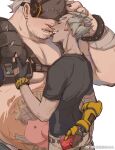  2boys ashthepenguin bald_spot bara belly candy chest_harness chocolate couple ear_piercing fat fat_man food happy harness heart heart-shaped_chocolate highres junkrat_(overwatch) large_hands large_pectorals male_focus mask multiple_boys muscular muscular_male overwatch pectoral_cleavage pectorals piercing pig_tattoo roadhog_(overwatch) short_hair shy size_difference smile stomach tattoo thick_eyebrows topless_male underpec valentine yaoi 