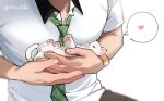  1boy affectionate animal cat chounke close-up collared_shirt commentary english_commentary feet_out_of_frame free! green_necktie head_out_of_frame heart holding holding_animal holding_cat kitten necktie own_hands_together pants pectoral_focus pectoral_press pectorals shirt solo spoken_heart tachibana_makoto 