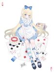  1girl ace_(playing_card) ace_of_hearts alice_(alice_in_wonderland) alice_in_wonderland animal apron asymmetrical_legwear black_footwear blonde_hair blue_bow blue_dress blue_eyes blue_ribbon blue_socks book book_stack bow bow_legwear cake candle card coffee_mug cup dress food fork frilled_apron frilled_shirt_collar frills fruit full_body hair_ribbon heart highres holding holding_fork kneehighs kotoruri long_hair looking_at_viewer mary_janes mismatched_legwear mug neck_ribbon parted_lips playing_card puffy_short_sleeves puffy_sleeves rabbit ribbon shoes short_dress short_sleeves simple_background sitting socks solo strawberry strawberry_cake striped striped_socks very_long_hair waist_apron white_apron white_background white_rabbit_(animal) white_ribbon white_socks 