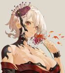  1girl bare_shoulders black_choker breasts choker closed_mouth commentary english_commentary flower grey_background hair_ornament hand_up highres holding holding_flower indie_virtual_youtuber large_breasts looking_at_viewer original red_eyes red_flower simple_background solo tomatolover16 upper_body virtual_youtuber wrist_cuffs 