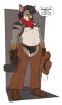  2023 anthro blush boots bulge canid canine clothing cowboy cowboy_hat crotchless_clothing english_text footwear gloves gun handgun handwear harness hat headgear headwear hi_res male mammal neckerchief plantigrade ranged_weapon revolver roly simple_background solo speech_bubble standing text weapon 
