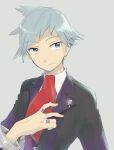  1boy black_jacket closed_mouth collared_shirt commentary_request grey_background grey_eyes grey_hair hand_up jacket jewelry long_sleeves looking_to_the_side male_focus necktie niimura_(csnel) pokemon pokemon_(game) pokemon_oras red_necktie ring shirt short_hair smile solo steven_stone upper_body white_shirt 