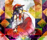  1girl abstract_background bare_shoulders detached_sleeves dolls_in_pseudo_paradise frilled_skirt frills hand_on_own_face highres kaigen_1025 label_girl_(dipp) long_hair long_sleeves looking_to_the_side multicolored_background neck_ribbon purple_eyes purple_hair red_headwear red_ribbon red_skirt ribbon sitting skirt solo stake touhou vest white_sleeves white_vest wide_sleeves zun_(style) 