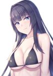  1girl absurdres bikini black_bikini black_hair blue_eyes blush breasts cleavage closed_mouth collarbone commentary_request highres large_breasts long_hair looking_at_viewer ohguro_mariya original simple_background solo swimsuit upper_body white_background 