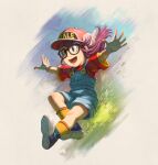  1girl baseball_cap blue_overalls child david_revoy dr._slump english_commentary female_child fingerless_gloves gloves grass grey_eyes hat highres krita_(medium) long_hair looking_at_viewer norimaki_arale open_mouth overalls red_shirt shirt shoes short_sleeves shorts smile socks solo white_gloves 