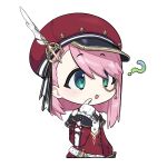  1girl ? blue_eyes blush cabbie_hat charlotte_(genshin_impact) chibi english_commentary genshin_impact gloves hair_between_eyes hat hat_feather highres kekek long_sleeves monocle pink_hair red_headwear simple_background solo white_background white_gloves 