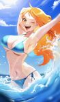  1girl ;d absurdres armpits bikini blue_bikini blue_sky breasts cloud day earrings highres ino_magari jewelry large_breasts lens_flare long_hair looking_at_viewer nami_(one_piece) navel ocean one_eye_closed one_piece open_mouth orange_eyes orange_hair outdoors pearl_earrings side-tie_bikini_bottom sky smile solo splashing stomach swimsuit wading water 