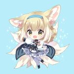  1girl :d animal_ear_fluff animal_ears arknights bare_shoulders black_footwear blonde_hair blue_background blue_hairband blush braid braided_hair_rings chibi clothing_cutout collar commentary_request cup dress fox_ears fox_girl fox_tail frilled_dress frills full_body hair_rings hairband highres holding holding_plate infection_monitor_(arknights) kitsune kyuubi looking_at_viewer multiple_tails open_mouth oripathy_lesion_(arknights) pantyhose plate pouring purple_dress purple_pantyhose shoes short_hair shoulder_cutout simple_background smile solo sparkle suzuran_(arknights) tail takamura_masaya teacup teapot yellow_eyes 