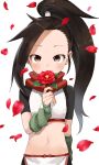  1girl absurdres black_hair brown_eyes commentary_request crop_top flower forehead high_ponytail highres holding holding_flower kunoichi_tsubaki_no_mune_no_uchi long_hair midriff navel petals ponytail red_flower short_sleeves simple_background solo tsubaki_(kunoichi_tsubaki_no_mune_no_uchi) very_long_hair white_background yamamoto_souichirou 