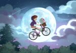  1boy 1other bicycle black_eyes brown_eyes brown_hair brown_shorts cloud digimon digimon_(creature) e.t. flying from_side full_moon highres hood hoodie izumi_koushirou mochimon moon night night_sky outdoors parody purple_hoodie riding riding_bicycle roseepdl2 shoes short_hair shorts sky tree 
