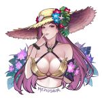  1girl bikini breasts criss-cross_halter english_commentary finger_to_mouth fire_emblem fire_emblem_heroes halterneck hat large_breasts lips loki_(fire_emblem) loki_(summer)_(fire_emblem) long_hair looking_at_viewer meziosaur official_alternate_costume purple_eyes purple_hair solo sun_hat swimsuit upper_body watermark white_background 