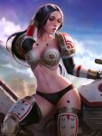 1girl adeptus_astartes armor artist_name bikini_armor black_hair blue_sky boots breasts brown_eyes brown_hair cleavage closed_mouth cloud cloudy_sky collarbone highres lips long_hair motor_vehicle motorcycle navel outdoors pauldrons scar scar_across_eye scar_on_face shoulder_armor sky solo space_marine stomach themaestronoob thigh_boots warhammer_40k white_scars 
