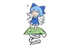  1girl @_@ blue_bow blue_dress blue_hair bow cirno collared_shirt commentary detached_wings dizzy dress english_commentary ferdy&#039;s_lab full_body hair_bow highres ice ice_wings long_sleeves shirt short_hair simple_background solo spring_(object) touhou white_background white_shirt wings 